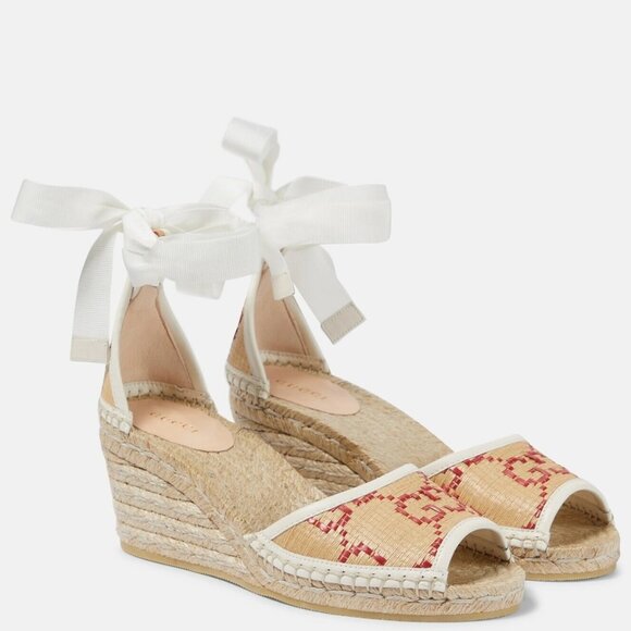 NIB Gucci GG raffia-effect espadrille wedge sandals IT 39.5/ US 9.5 - Picture 1 of 8